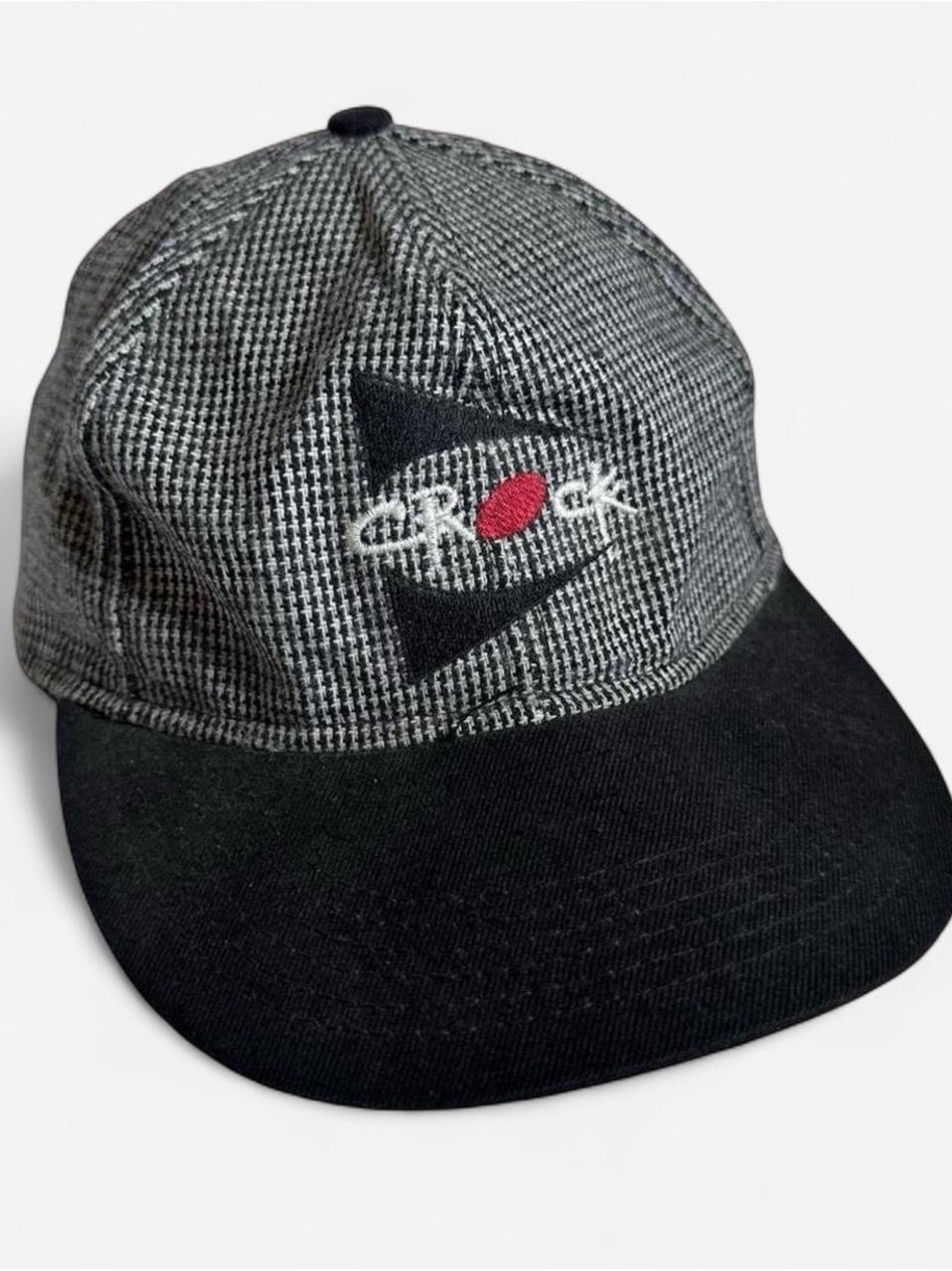 Vintage 1990s Crock Logo Houndstooth Baseball Cap Black & Gray with Red Accent